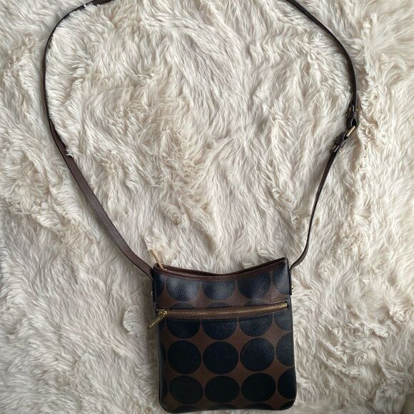Brahmin Crossbody Bag Brown Black Barcelona Polka Dot Pattern - Picture 1 of 9